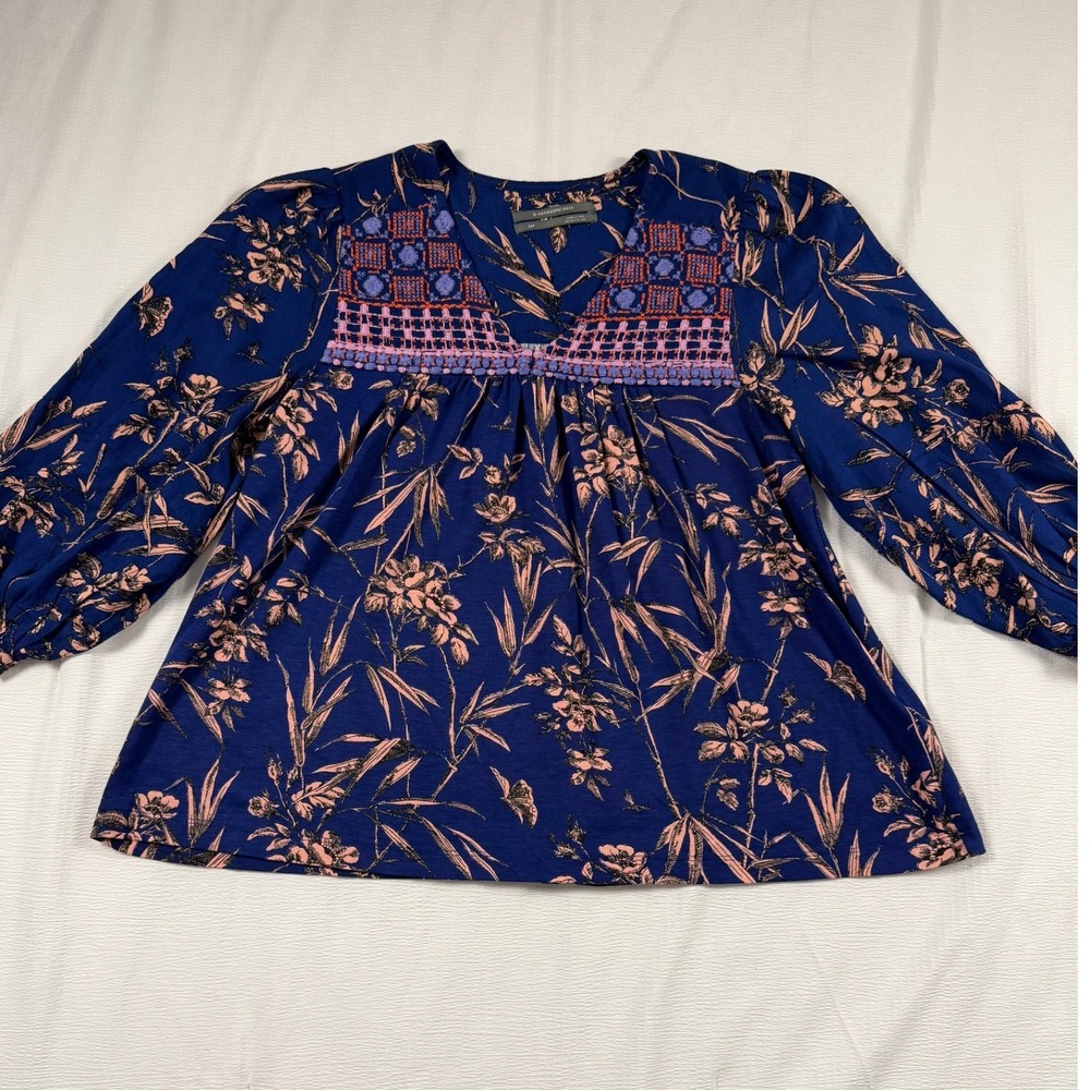 Anthropologie Navy Pink Floral Embroidered V-Neck Boho Blouse XSP Fairycore